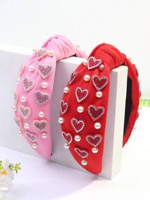 1pc Women's Valentine's Day Crystal Heart & Faux Pearl Cute Knot Headband, Polyester, Party Favor Gift Head Accessories Hairband - Multicolor - View 3