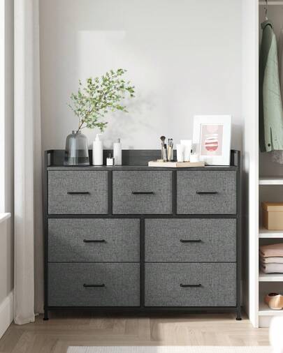 Chest Of Drawers, Bedroom Cabinet, 7 Fabric Drawers With Handles, Metal Frame, Slate Grey And Anthracite Grey