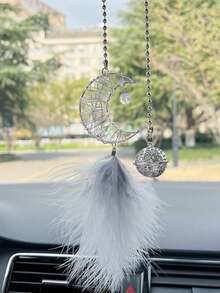 1 قطعة زينة معلقة لمرآة السيارة الخلفية بتصميم ريشة وقمر وكوكب مجوف، ديكور داخلي فاخر للسيارة