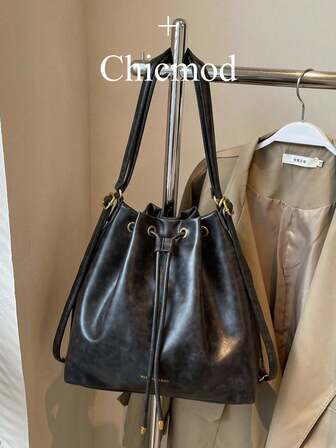 女士背包，大容量通勤包，PU皮革抽绳水桶包，适合购物、钱包、年轻女性、大学生、办公室女士