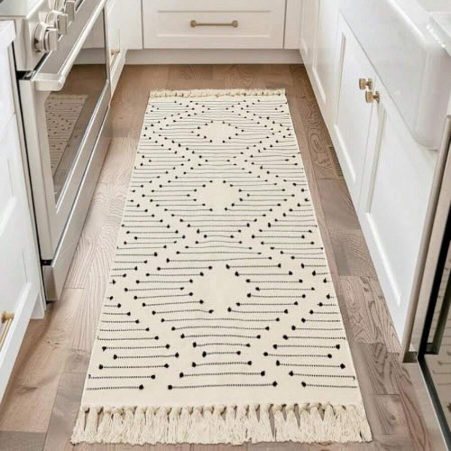 Tritard - Alfombra bohemia para pasillo de 2 x 6 pulgadas lavable con borla alfombra ligera tejida de algodón azteca para interiores de pelo bajo para entrada lavandería baño crema beige - Beige1 - Ver 1