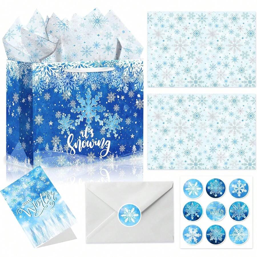 ROARING GOOD TIME RGT Large Frozen Gift Bag Snowflake Winter Birthday Favors Bags With Greeting Card Tissue Paper Frozen Snowflake Wrapping Paper Bags For Kids Birthday Gender Reveal Party Supplies - Multicolor - View 1