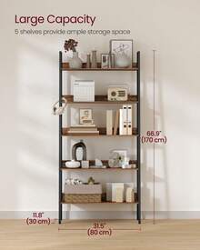 5 Tier Narrow Ladder Shelf For Home Office, Living Room, Bedroom, Kitchen, Industrial, Rustic Brown And Ink Black - Brown - View 2
