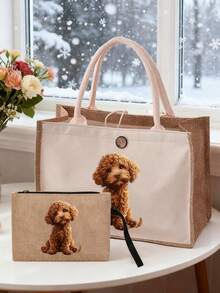 可爱萌狗图案手提包，带化妆包，女士便携式拉链钱包，时尚旅行洗漱包，午餐盒包，书包，学校旅行沙滩女装多功能包 - 彩色 - 查看 1