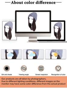 合成假发帽，一体式可爱小熊针织假发帽 - 女士合成纤维假发帽，中长直发，灰黑色 - 彩色 - 查看 8