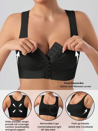 1 pieza Sujetador deportivo para mujer de talla grande con diseño de botón delantero, sujetador sin costuras cómodo y inalámbrico con relleno extraíble, con cobertura reforzada en la espalda, adecuado para yoga, correr, ejercicio