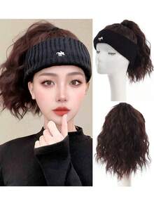 Synthetic Hat Wig, Knitted Hat Wig, Knitted Headband With Hat Wig, One-Piece Empty Top Hat High Ponytail Wig, Suitable For Women's Winter Hat Wig - Brown Black Dark Brown - Multicolor - View 9