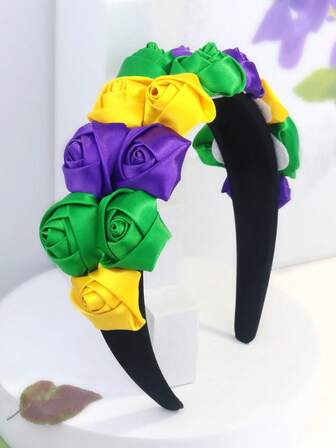 1件装女士嘉年华花卉编织发箍，优雅复古风格，绿黄紫三色可选，涤纶材质，适合节日和派对的发饰、发带、发圈