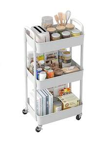 Trzypoziomowy regał z kółkami, mobilny regał idealny do salonów i sypialni. Duża pojemność, wytrzymały metal, idealny do łazienek i sypialni. Regał na kółkach, dostępny w wielu kolorach. Praktyczny regał. - Biały - Zobacz 4