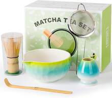 Matcha Whisk Set,Ceramic Matcha Kit Set Includes With Spout, Whisk,Holder,Bamboo Scoop Sifter,5 Pcs Matcha Tea Kit Matcha Lovers, Ideal Gift , Birthday (Green) - Gradient - View 9