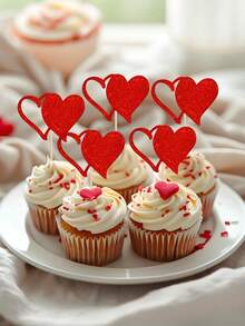 24pcs Valentine's Day Cupcake Toppers - Shiny Hollow Red Heart Design | Suitable For Wedding/Birthday, Baking Cake Decor And Cake Flags - Multicolor - View 6