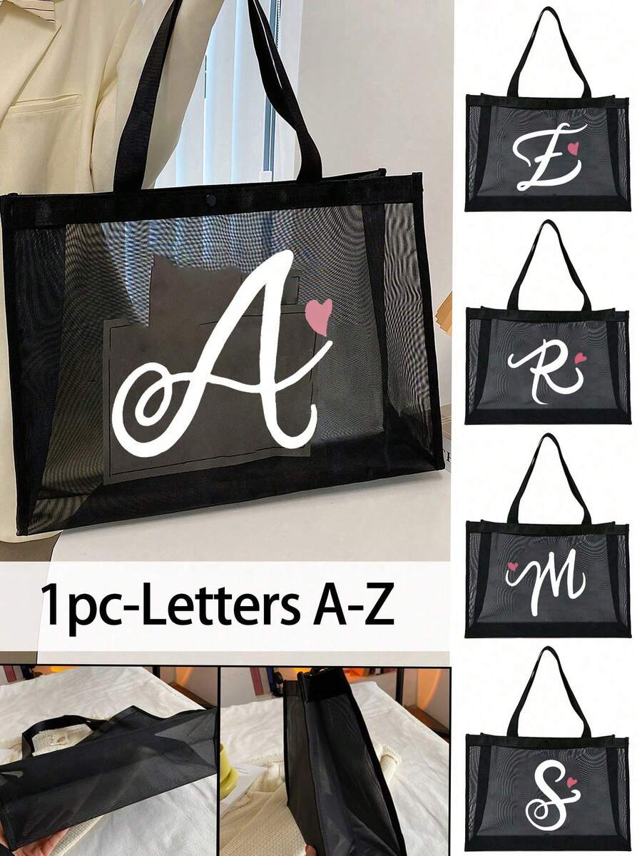Pink Heart Shaped Alphabet Letter Print Mesh Tote Bag, Alphabet Beach Bag, Foldable Handbag, Women's Mesh Tote Bag, Shoulder Bag, Suitable For Beach, Vacation And Shopping, Large Capacity Handbag, Gift For Family And Friends, Unisex, Suitable For Couples, Daily Use, Dating, Birthday, Holiday, Back To School, Vacation, Travel, Commuting, Business, Students, Picnic, Camping, Supermarket, Daily Storage, Holiday Gift (Black) - Multicolor - View 1