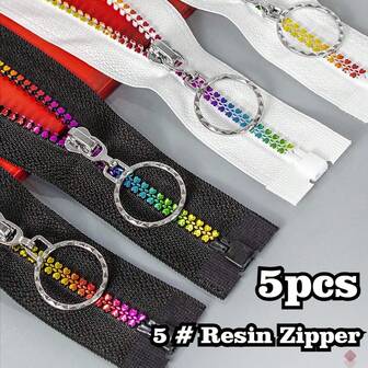 5个5号树脂心形拉链，单头，适用于服装、包包、铅笔盒，彩色涂层拉链，适用于儿童服装，多种尺寸（30厘米/40厘米），DIY缝纫工具