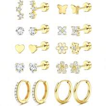 Flat Back Earrings For Women Hypoallergenic Surgical Stainless Steel Earrings For Sensitive Ears 14K Gold Plated Heart Flower Stud Earring Set Age:Over 4 Years Old - Nhiều màu - Xem 7