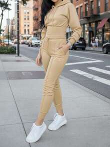 Spring New Women's Set, Solid Color Minimalist Waist Cinching Hooded Sweatshirt And Skinny Pencil Pants 2 Pieces Outfit - Apricot - View 7