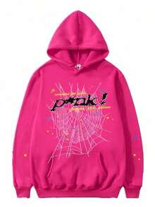 Spider Print Zipper Hoodie, Casual Long Sleeve Hoodie Coat Y2K Spider Print Hoodie, Long Sleeve, Loose Style, Polyester Material, Zipper Design, Gothic Harajuku Style, Autumn And Winter Fashion,Warm And Comfortable - 粉色 - 查看 11