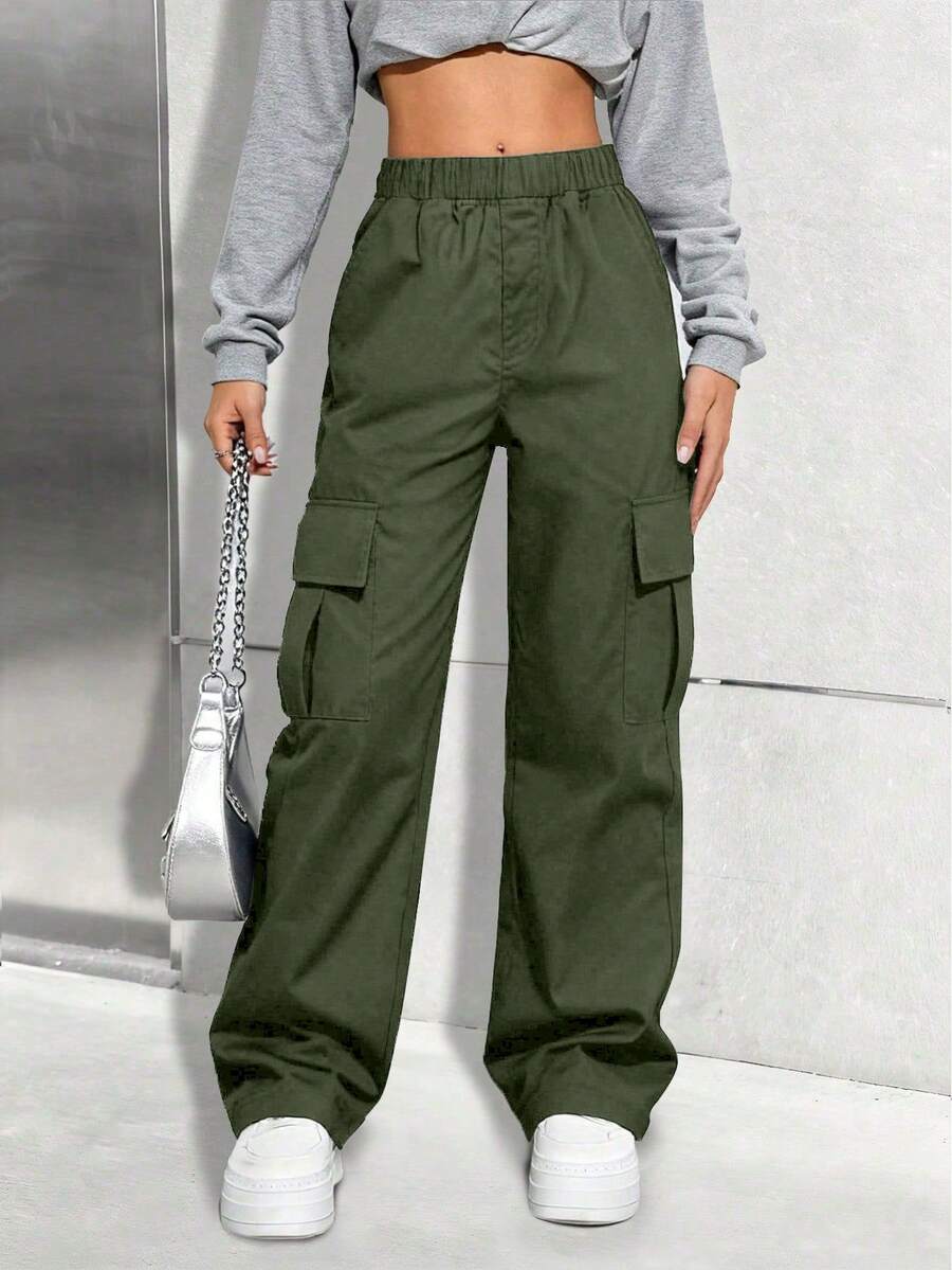 1 pieza Pantalones cargo casuales y sueltos de unicolor de moda para niñas preadolescentes, con múltiples bolsillos, para primavera/otoño - Verde militar - Ver 1