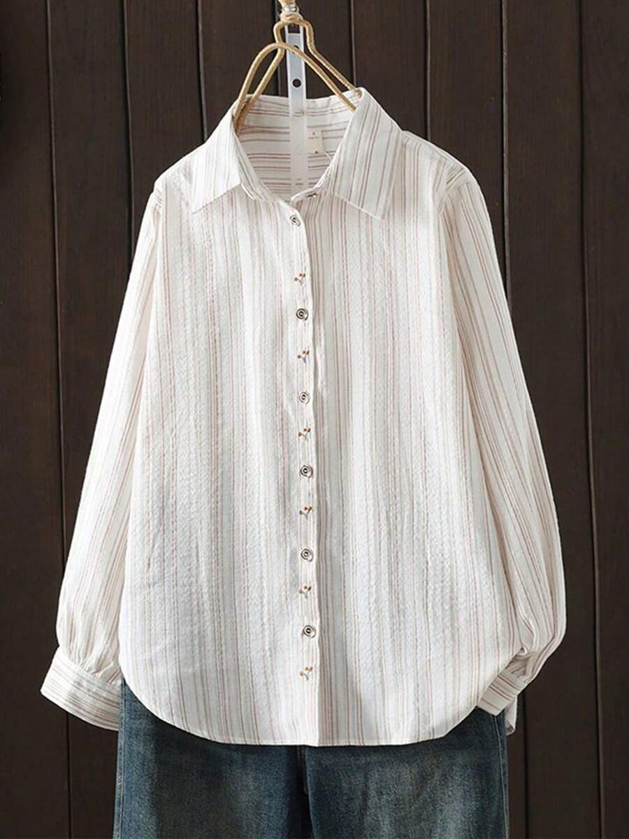 Retro Loose Casual Button Front Vertical Striped Shirt - Beige - View 1