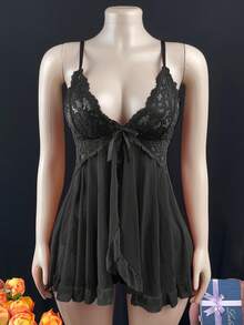weiweihu Large Size Deep V Thin Shoulder Strap High Slit Lotus Leaf Lace Lace Nightdress/Large Size Lace Mesh Bow Nightdress Sexy Backless V-Neck With Lace-Up - Black - View 8