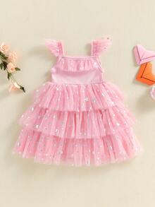 Toddler Girls Valentine's Day Layered Tulle Dress Flutter Sleeves Square Neck Heart Appliques Star Print A Line Dress - Hồng - Xem 6