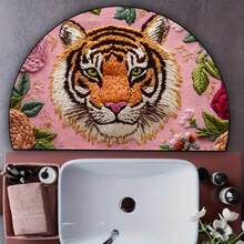 1pc Pink Half-Circle Tiger Head Floral Decor Doormat, Entrance Mat, Small Rug, Welcome Mat, Carpet, Outdoor Doormat, Kitchen Rug, Home Decor, Front Door Mat, Area Small Rug, Outdoor Mat, Home Decor, Area Rug, Garden Carpet, Washable Rug - Multicolor - View 3