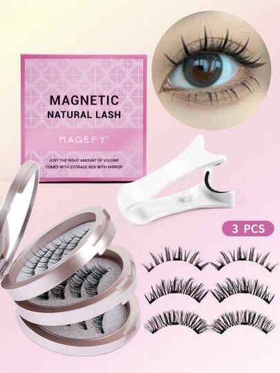 MAGEFY 3对CC卷翘磁性假睫毛套装/10对尖尾卡通黑色图案自然款假睫毛，含磁性夹子，混合款式，无需胶水，自然逼真，可重复使用，7-12mm仿貂毛假睫毛，适合日常佩戴，防水，卡通风格，外眼角加长设计，放大双眼，纤长纤细，是旅行、海滩度假、露营的理想之选。