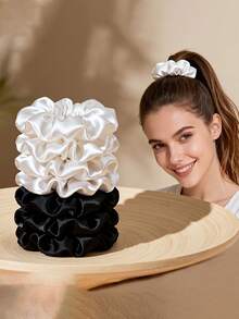 7/8pcs Black & White Linen Scrunchies, Simple & Versatile Hair Ties, Suitable For Dates, Horseback Riding, Back To School, Travel And More (Black, White) ,Ponytail Holders ,Hair Elastics ,Hair Rubber Bands ,Hair Rope - Multicolor - View 6