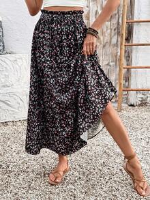 Falda maxi de cintura alta con volantes y estampado floral negro tipo ditsy, falda de verano bohemia y fluida para vacaciones - Negro - Ver 5