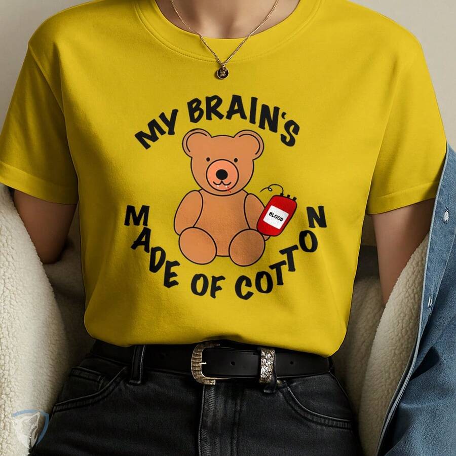 Creative Humor T-Shirt – Teddy Bear With Blood Bag And Funny Phrase - 黃色 - 查看 1
