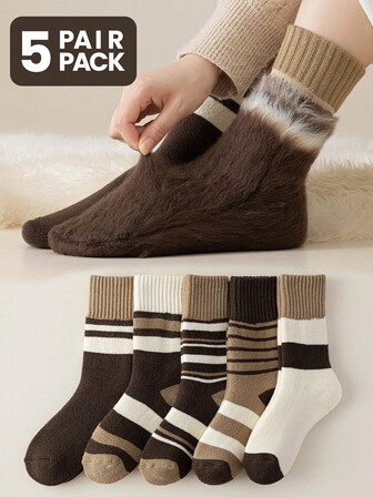 5 pares de calcetines de tripulación a rayas de contraste para mujer, calcetines gruesos de mezcla de lana con forro de felpa para otoño/invierno, calcetines de estilo retro para dormir, calcetines acogedores