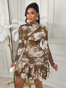 女士棕色花卉镂空高领长袖紧身衬衫，适合约会派对 - 軍綠色 - 查看 4