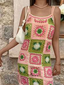 夏季新款度假女士性感细肩带钩织镂空紧身派对海滩露背钩针网眼连衣裙