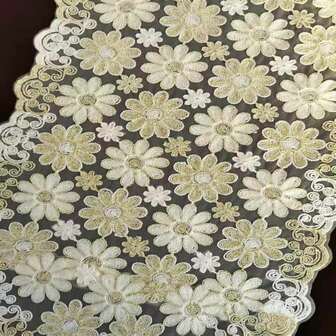 1Pc Exquisite 3D Gold-White Thread Embroidered Lace Tablecloth With Floral Pattern Table Runner, Bohemian-Style Long Decorative Cloth, Suitable For Home Living Rooms, Wedding Banquets, Dining Tables, Coffee Tables, Tea Sets, Chest Of Drawers, And Holiday Tablecloths/Table Covers.