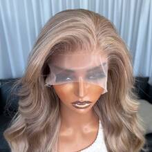 13x4 Kanekalon Futura 金色渐变蕾丝前假发，22 英寸长波浪挑染假发，带刘海，无需胶水，Kanekalon 材质，耐用合成纤维，自由分缝，150% 密度，即戴即用，适合日常、派对、节日、假日等场合，新手友好型，透明蕾丝假发 - 金色 - 查看 10