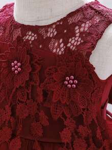 女童纯色蕾丝薄纱蓬蓬裙，优雅奢华，适合学校舞会和时装秀，不含头饰 - 酒紅色 - 查看 5