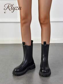 Fall/Winter 2025 Style With Skirt Match Any Cardigan,Women's Fashion Chelsea Booties, Solid Color, Elastic Back Panel, Zipper Closure, Slip-On, Black - Black - View 4