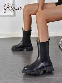 Fall/Winter 2025 Style With Skirt Match Any Cardigan,Women's Fashion Chelsea Booties, Solid Color, Elastic Back Panel, Zipper Closure, Slip-On, Black - Black - View 2