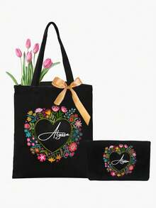 2pcs/Set Customized Name With Love Wreath Pattern Tassel Canvas Bag And Makeup Pouch Set, Women'S Shoulder Bag, Shopping Bag, Portable Casual Storage Handbag, Suitable For Daily Travel, Beach Vacation, Large Capacity Shopping Bag,