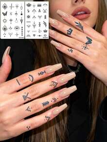 STARTTOOS 2pcs Semi-Permanent Finger Tattoo Stickers, Y2K Floral & Celestial Small Patterns, 1-2 Weeks Waterproof, DIY Finger, Ear, Shoulder, Neck, Collarbone Fine Line Temporary Tattoos - Blue - View 9