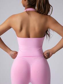 无缝长款吊带运动背心 女款 内置胸垫 可拆卸胸垫 运动瑜伽背心 - 粉色 - 查看 9