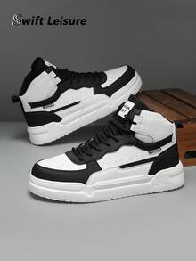 أحذية رياضية عالية الرقبة بتصميم أبيض وأسود متباين مع أربطة، أحذية كاجوال مريحة للارتداء اليومي والتنقل والخروج - أبيض وأسود - مشاهدة 5