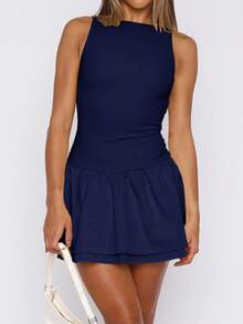Women's Solid Color Backless Fitted Christmas Dress - Navy - View 10