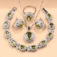 925 Silver Plated Colorful Cubic Zirconia Fashion Party Luxury Quality Wedding Bridal Elegant Jewelry Sets For Women Necklace Pendant Earrings Bracelet Ring 5-Piece Sets Gift