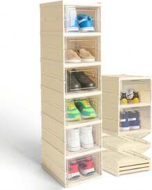 Zapatera Plegable y Vertical con Cubierta Transparente – 6 Cajas de Almacenamiento  Neutro (25.5*20*34.5 cm por caja), Ideal para Closets y Hogares Modernos - Crema con tapa transparente - Ver 1