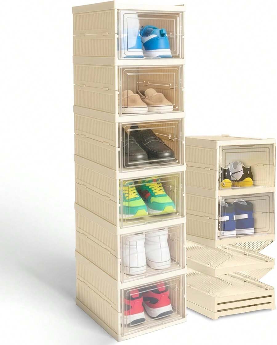 Zapatera Plegable y Vertical con Cubierta Transparente – 6 Cajas de Almacenamiento Neutro (25.5*20*34.5 cm por caja), Ideal para Closets y Hogares Modernos - Crema con tapa transparente - Ver 1