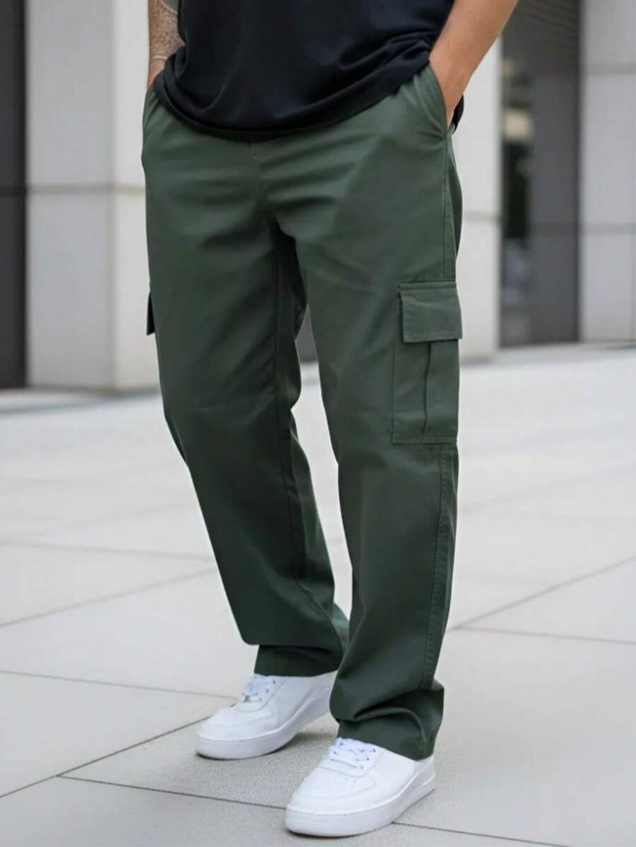 Men's Black, Khaki, And Beige Skater Cargo Pants With Elastic Waistband, Sizes S To XL - 橄欖綠 - 查看 1