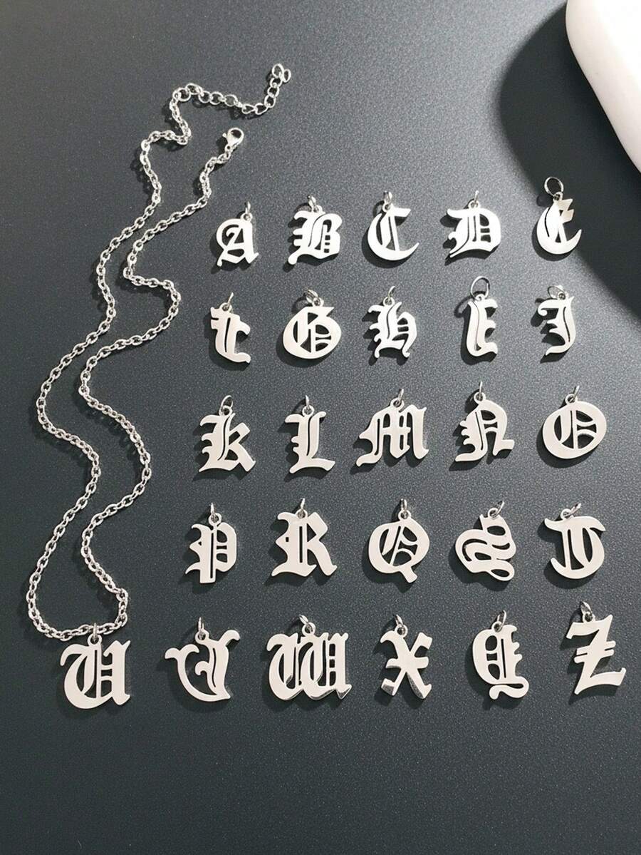 1pc Personalized Letter Pendant Stainless Steel Necklace, Fashion Gift For Men, Suitable For Daily Wear - Silver - View 1