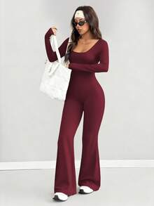 AITYI Studio Women's Jumpsuit, Well-Fitted U-Neck Solid Color Fashion Sexy Comfortable Slim Fit Casual Outdoor Street Commute Sports Versatile, Suitable For Graduation, New Year, Valentine's Day, Autumn/Winter Stretch Knit Long Sleeve Flared Leg Jumpsuit - Burgundy - View 6