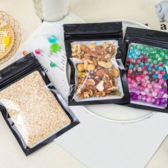 黑色全息储物袋，可重复密封防异味铝箔袋，带紧密密封拉链，适用于食品密封保鲜和产品包装，是咖啡、茶叶、香草和美食礼品套装的理想之选。