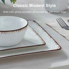 16-Piece Ceramic Dinnerware Set For 4, Grooved Texture & Gold Trim, Microwave/Oven/Dishwasher - trắng - Xem 6